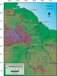 Map of Guyana, color coded to show topography.
